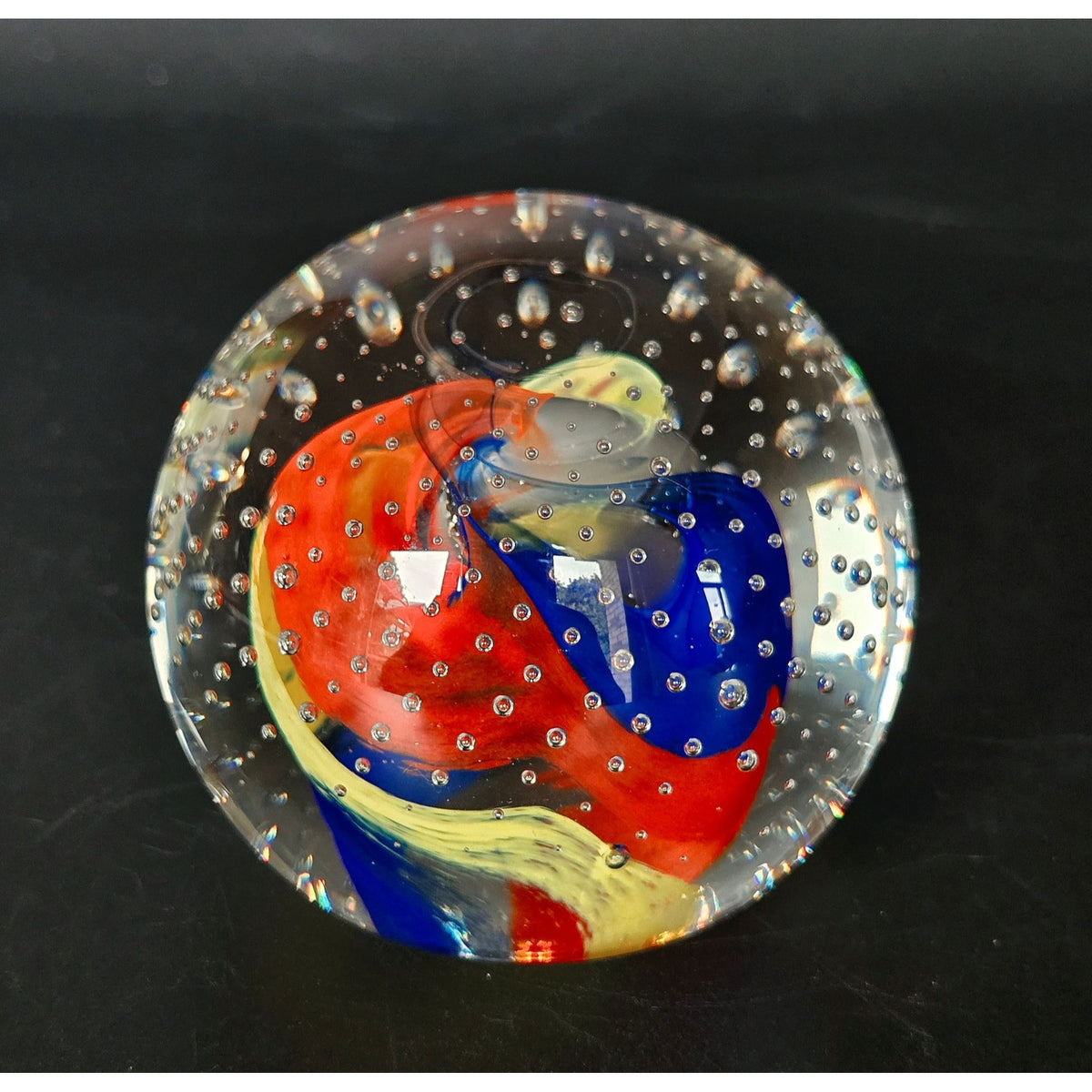 Caithness Scotland Multicolor Art Glass Paperweight With Controlled Bubbles & Swirls