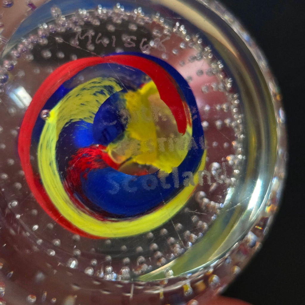 Caithness Scotland Multicolor Art Glass Paperweight With Controlled Bubbles & Swirls