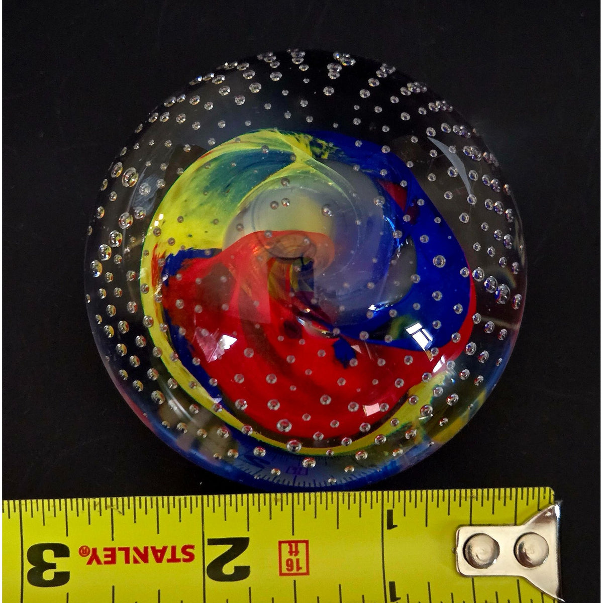 Caithness Scotland Multicolor Art Glass Paperweight With Controlled Bubbles & Swirls