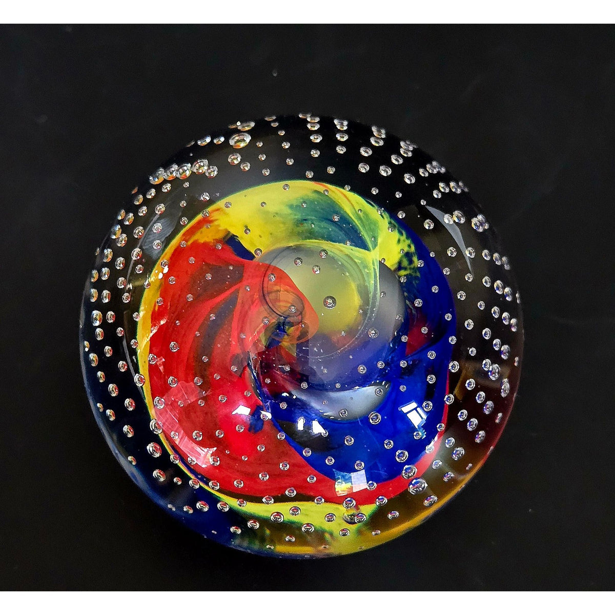 Caithness Scotland Multicolor Art Glass Paperweight With Controlled Bubbles & Swirls