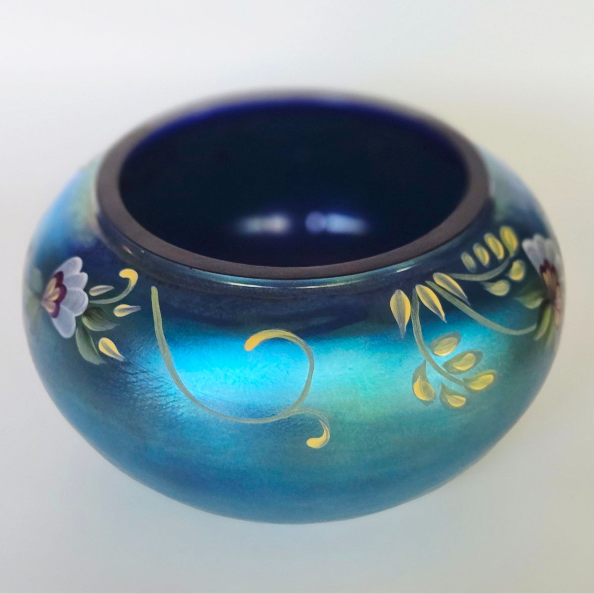 Fenton Glass Favrene Puff Box Honor Collection Cobalt Hand Painted, Signed Numbered 415