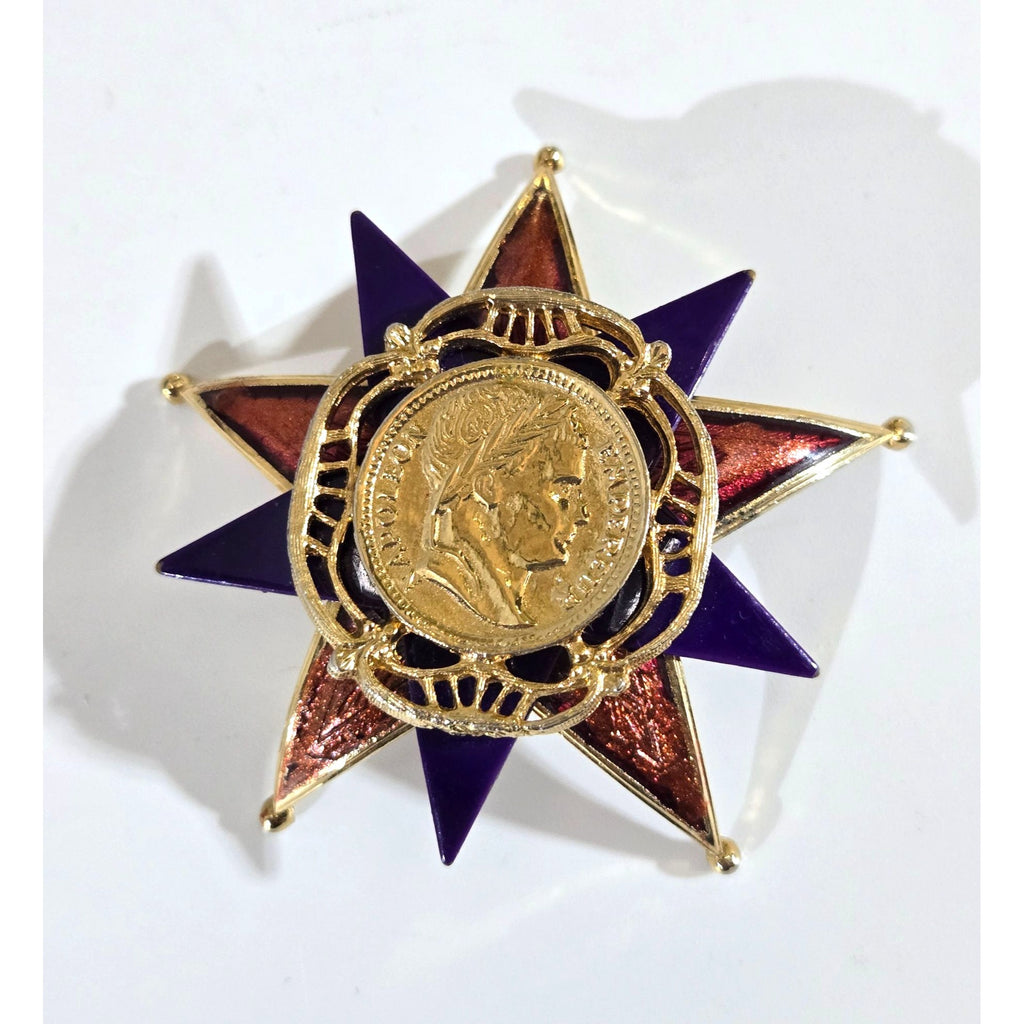 Coro Corocraft Brooch Star Coin Shape Purple, Copper Enamel Brooch