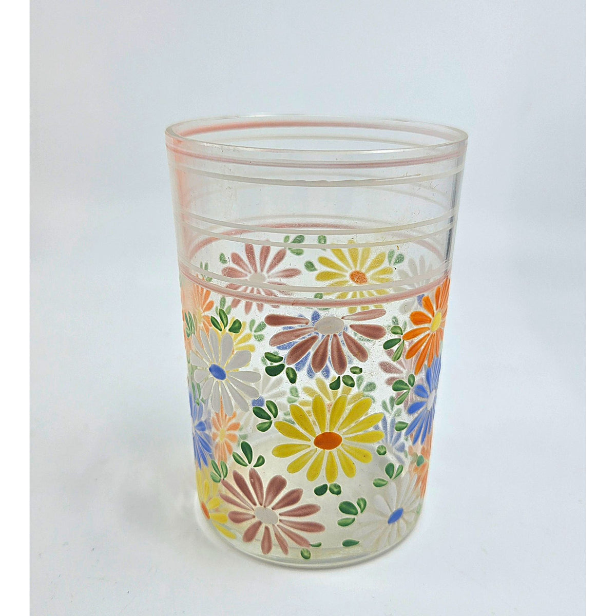 Vintage Czech Glass Tumbler With Hand-Painted Floral Daisy Design 4" Tall Multicolor