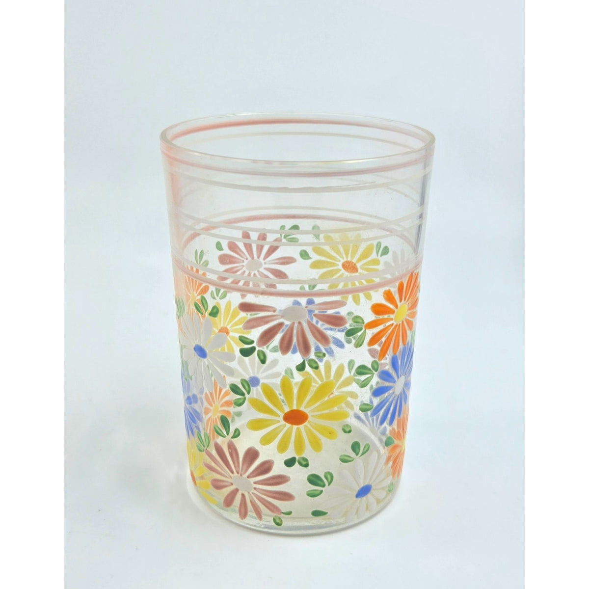 Vintage Czech Glass Tumbler With Hand-Painted Floral Daisy Design 4" Tall Multicolor