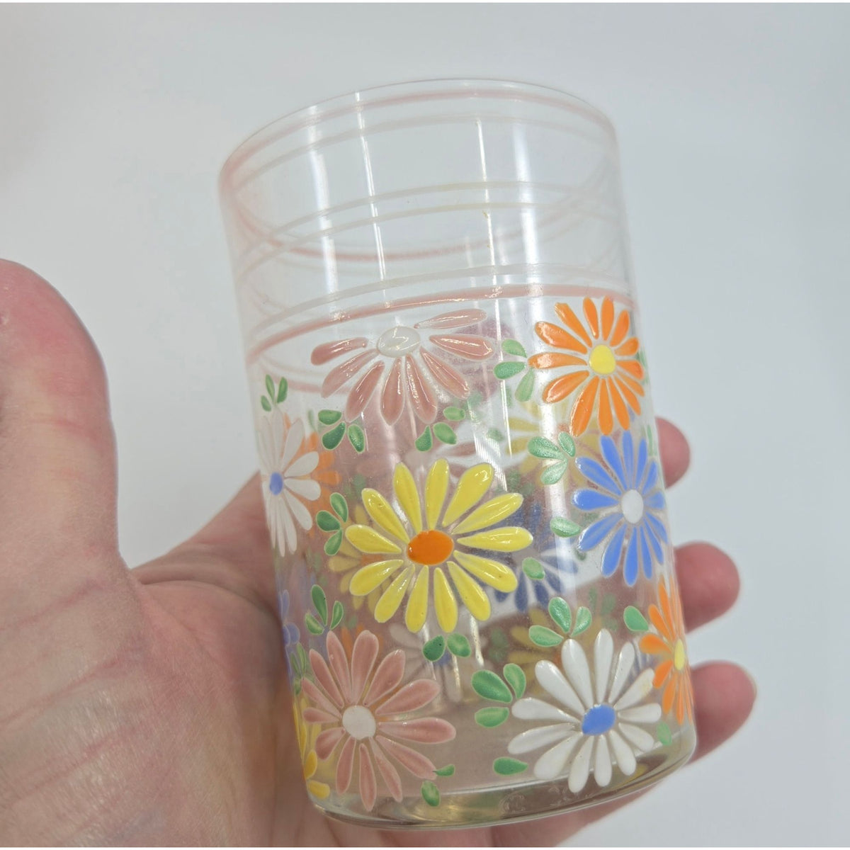 Vintage Czech Glass Tumbler With Hand-Painted Floral Daisy Design 4" Tall Multicolor
