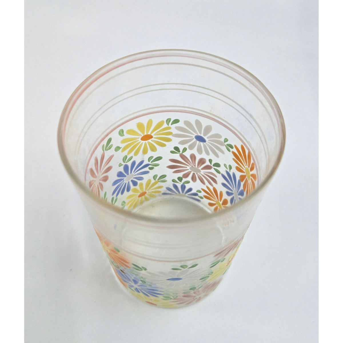 Vintage Czech Glass Tumbler With Hand-Painted Floral Daisy Design 4" Tall Multicolor