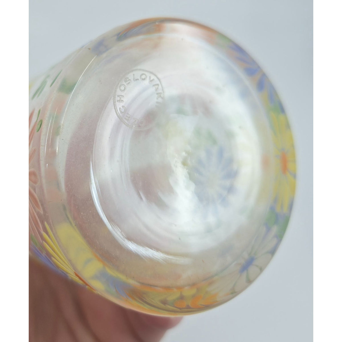 Vintage Czech Glass Tumbler With Hand-Painted Floral Daisy Design 4" Tall Multicolor