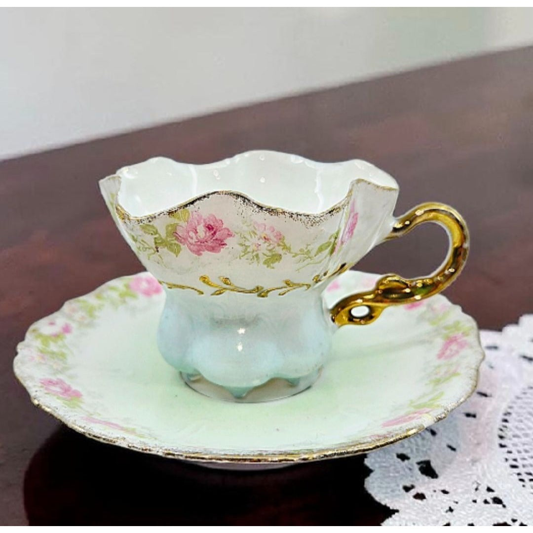 Antique Prussian Mini Tea Cup & Saucer With Pink & Blue Floral Design & Gold