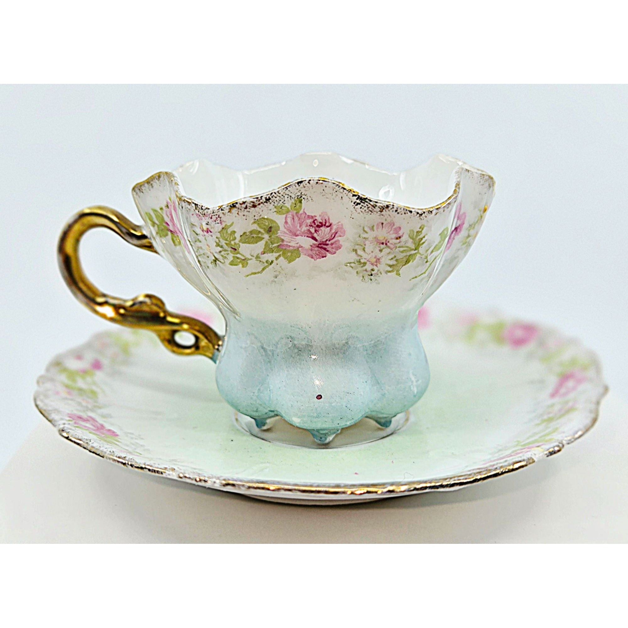 Antique Prussian Mini Tea Cup & Saucer With Pink & Blue Floral Design & Gold