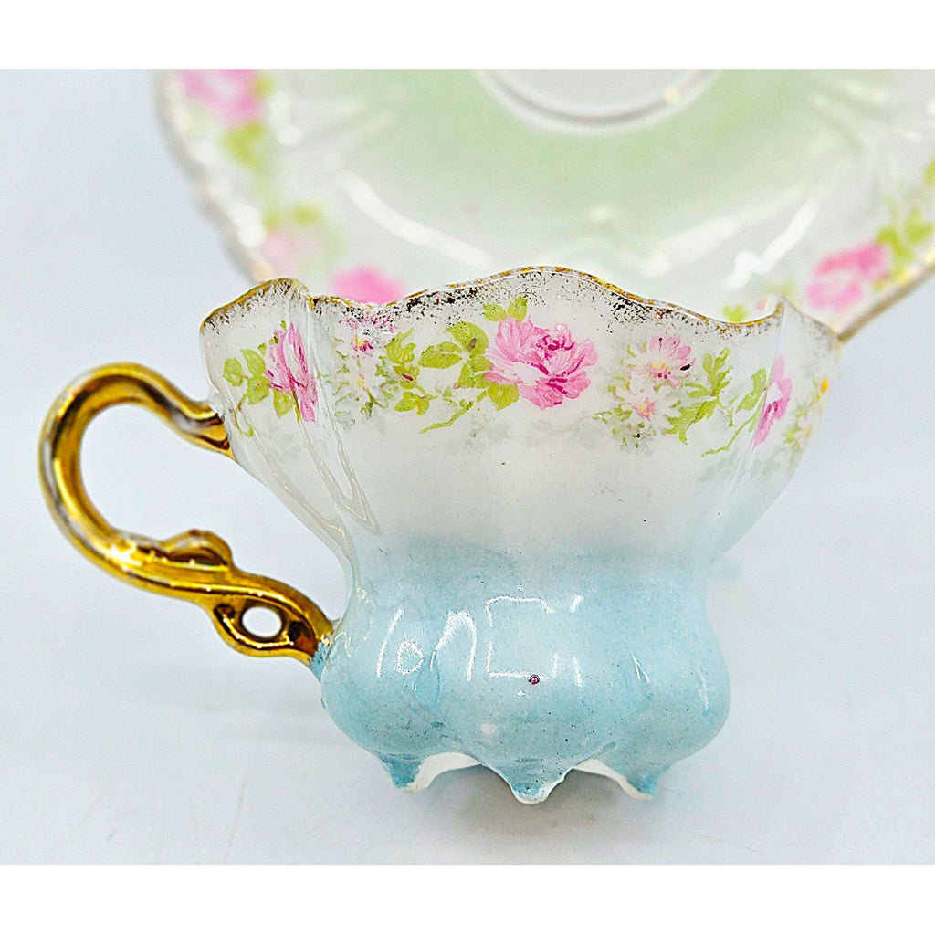 Antique Prussian Mini Tea Cup & Saucer With Pink & Blue Floral Design & Gold