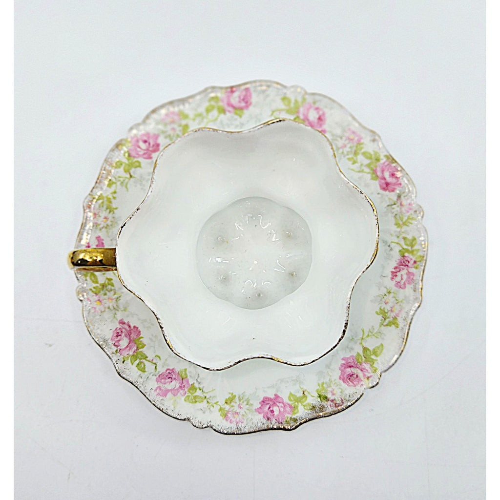 Antique Prussian Mini Tea Cup & Saucer With Pink & Blue Floral Design & Gold