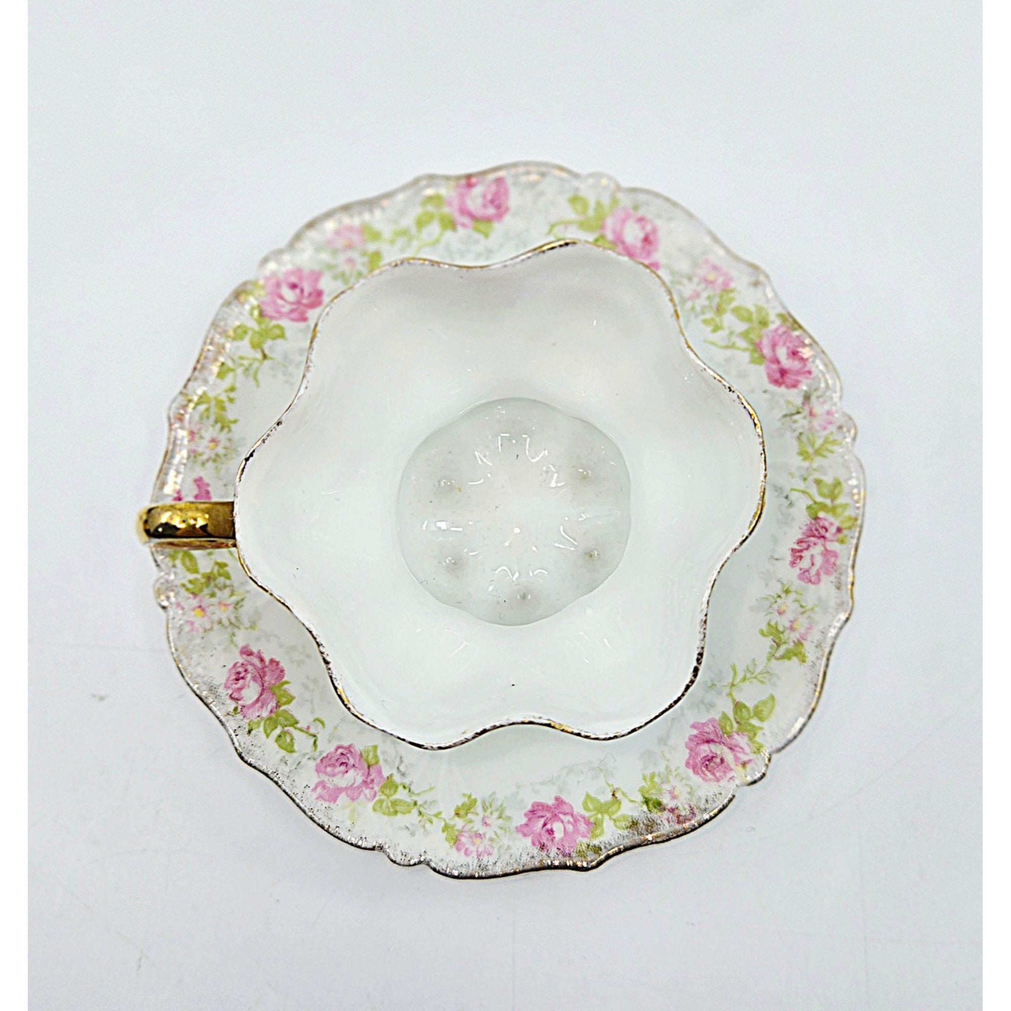 Antique Prussian Mini Tea Cup & Saucer With Pink & Blue Floral Design & Gold