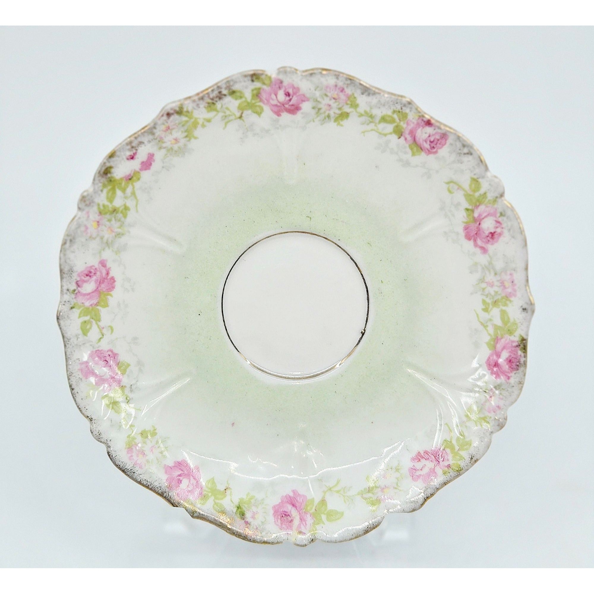 Antique Prussian Mini Tea Cup & Saucer With Pink & Blue Floral Design & Gold