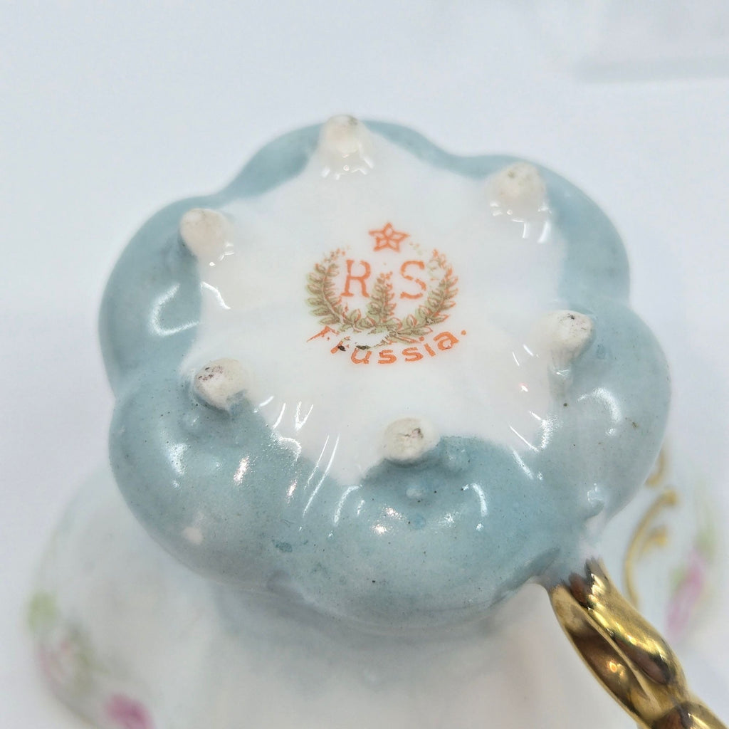 Antique Prussian Mini Tea Cup & Saucer With Pink & Blue Floral Design & Gold