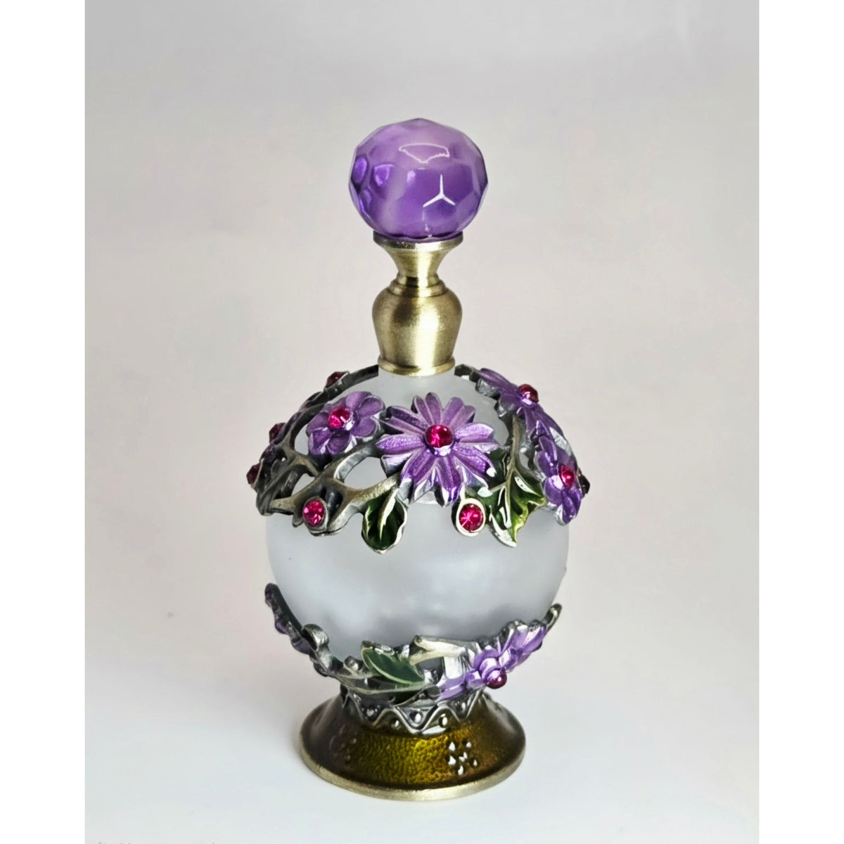 Purple Glass Perfume Bottle With Floral brass ormolu red crystals