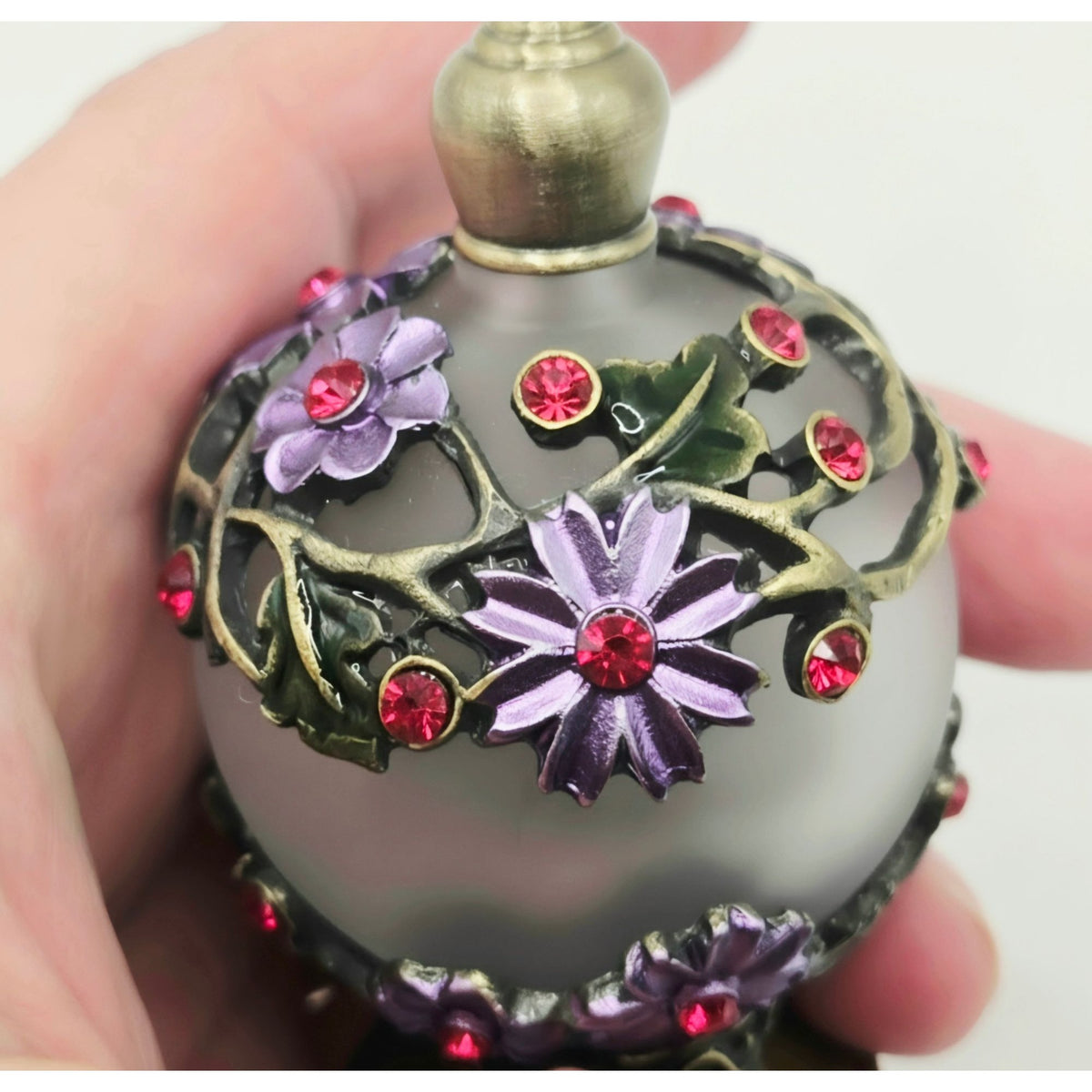 Purple Glass Perfume Bottle With Floral brass ormolu red crystals