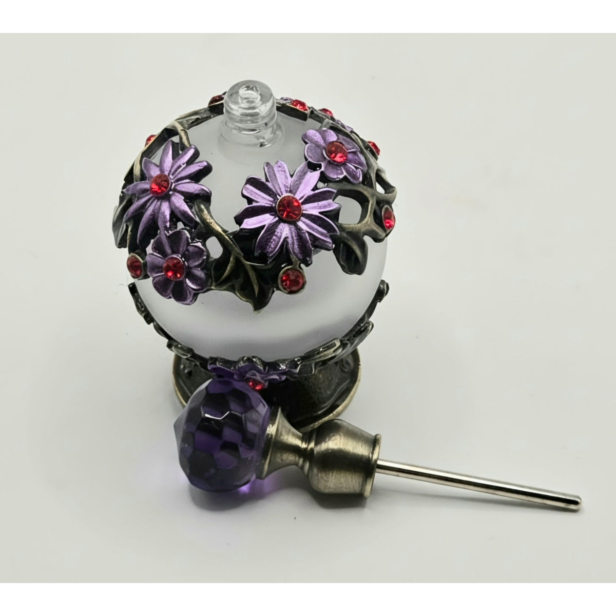 Purple Glass Perfume Bottle With Floral brass ormolu red crystals