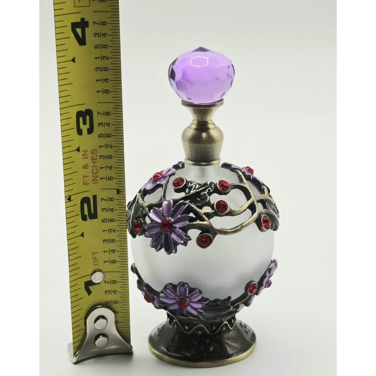 Purple Glass Perfume Bottle With Floral brass ormolu red crystals