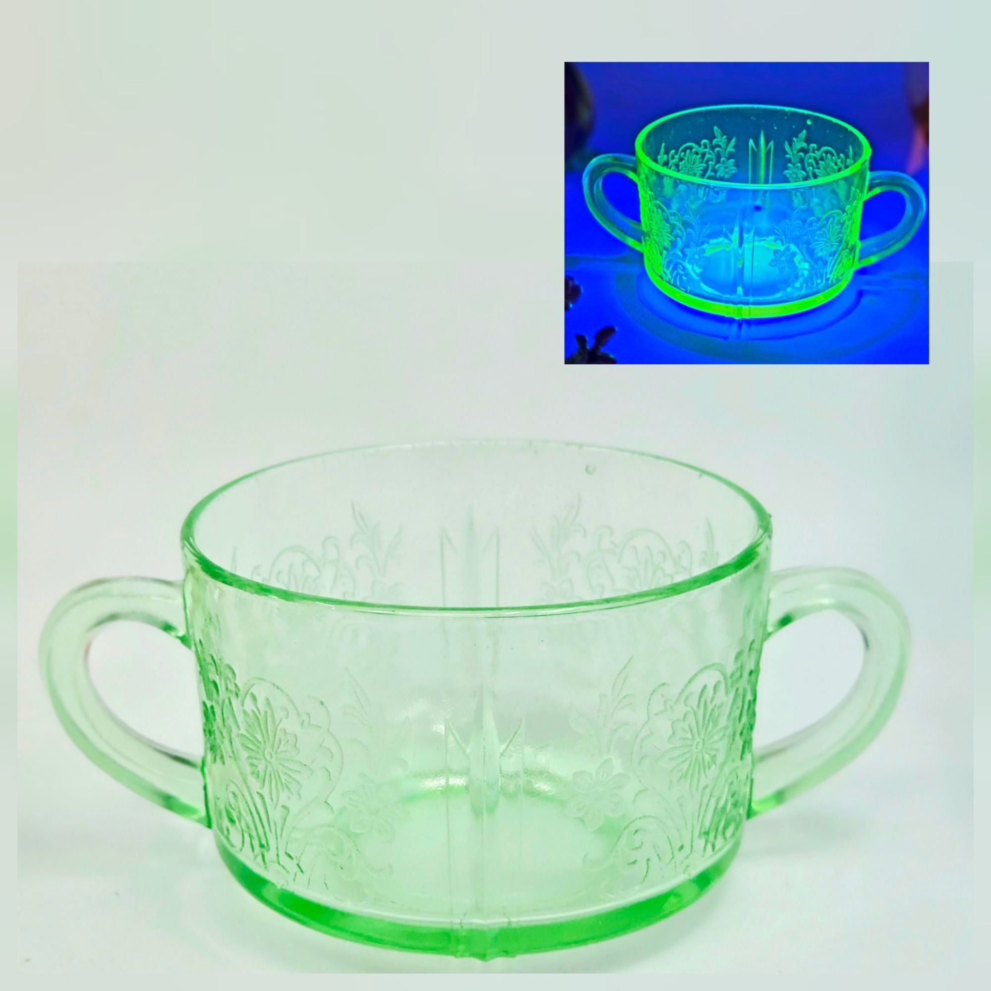 Vintage US Glass Uranium Double Handle Bowl Paneled Aster Pattern Glows