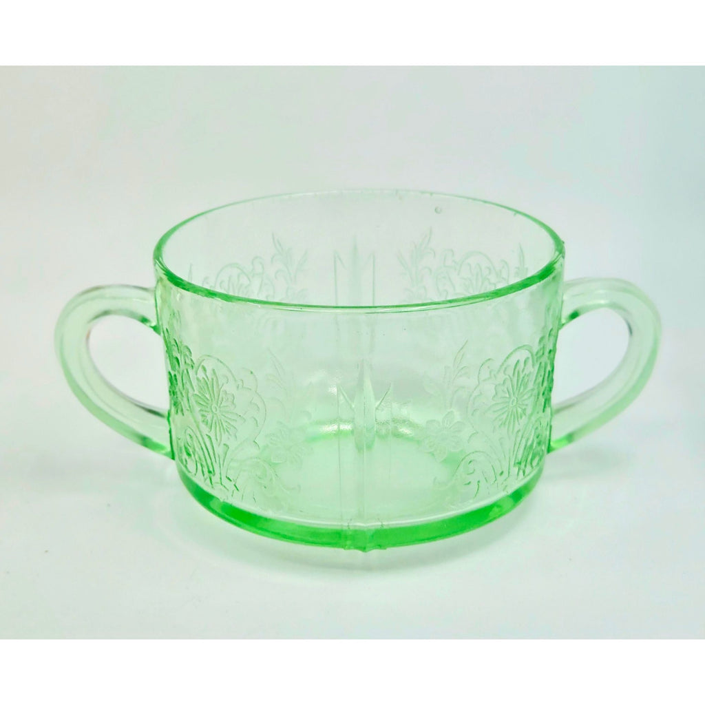 Vintage US Glass Uranium Double Handle Bowl Paneled Aster Pattern Glows