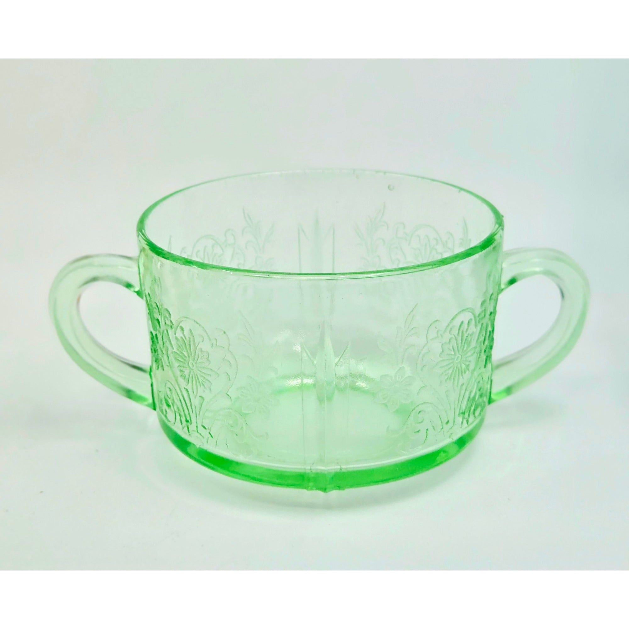 Vintage US Glass Uranium Double Handle Bowl Paneled Aster Pattern Glows