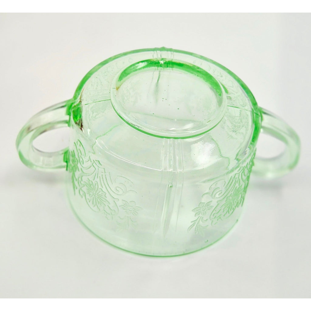 Vintage US Glass Uranium Double Handle Bowl Paneled Aster Pattern Glows