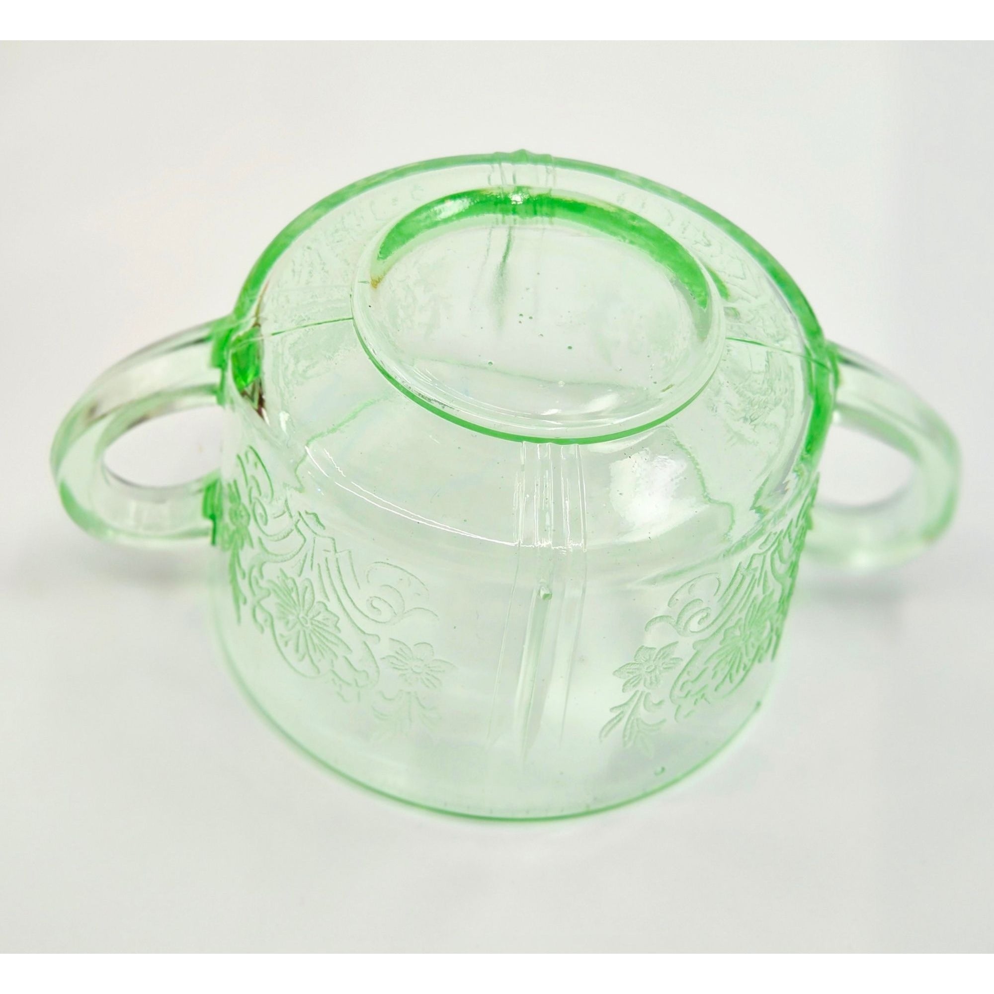 Vintage US Glass Uranium Double Handle Bowl Paneled Aster Pattern Glows