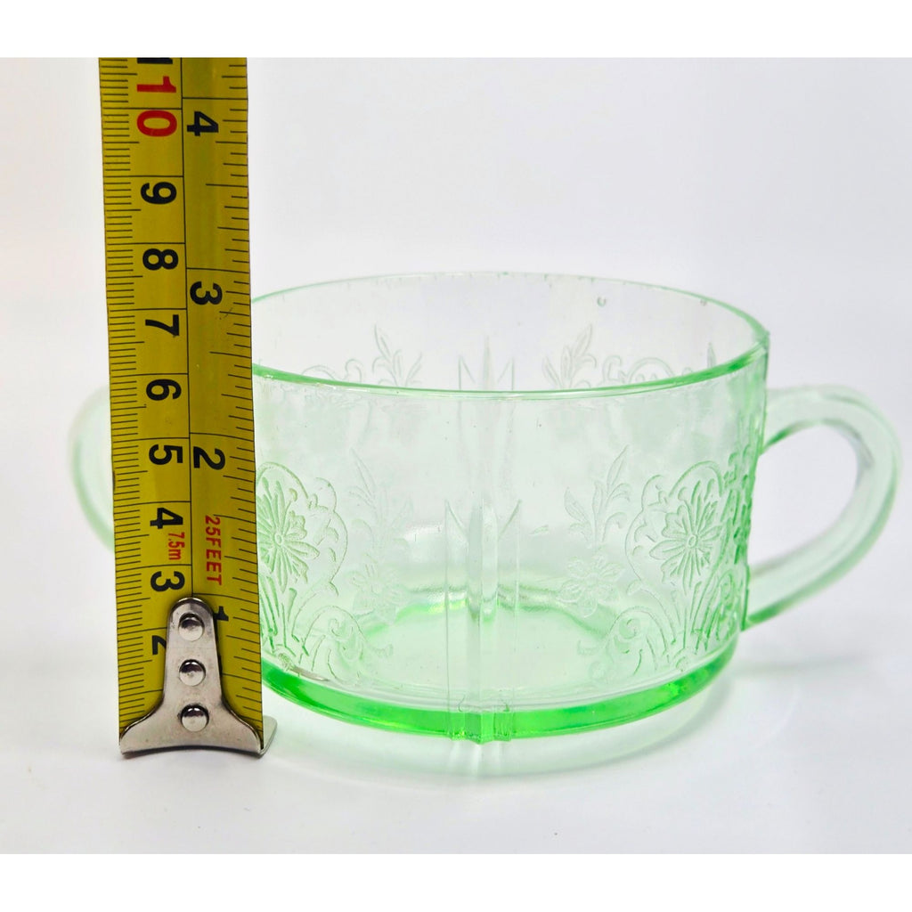 Vintage US Glass Uranium Double Handle Bowl Paneled Aster Pattern Glows