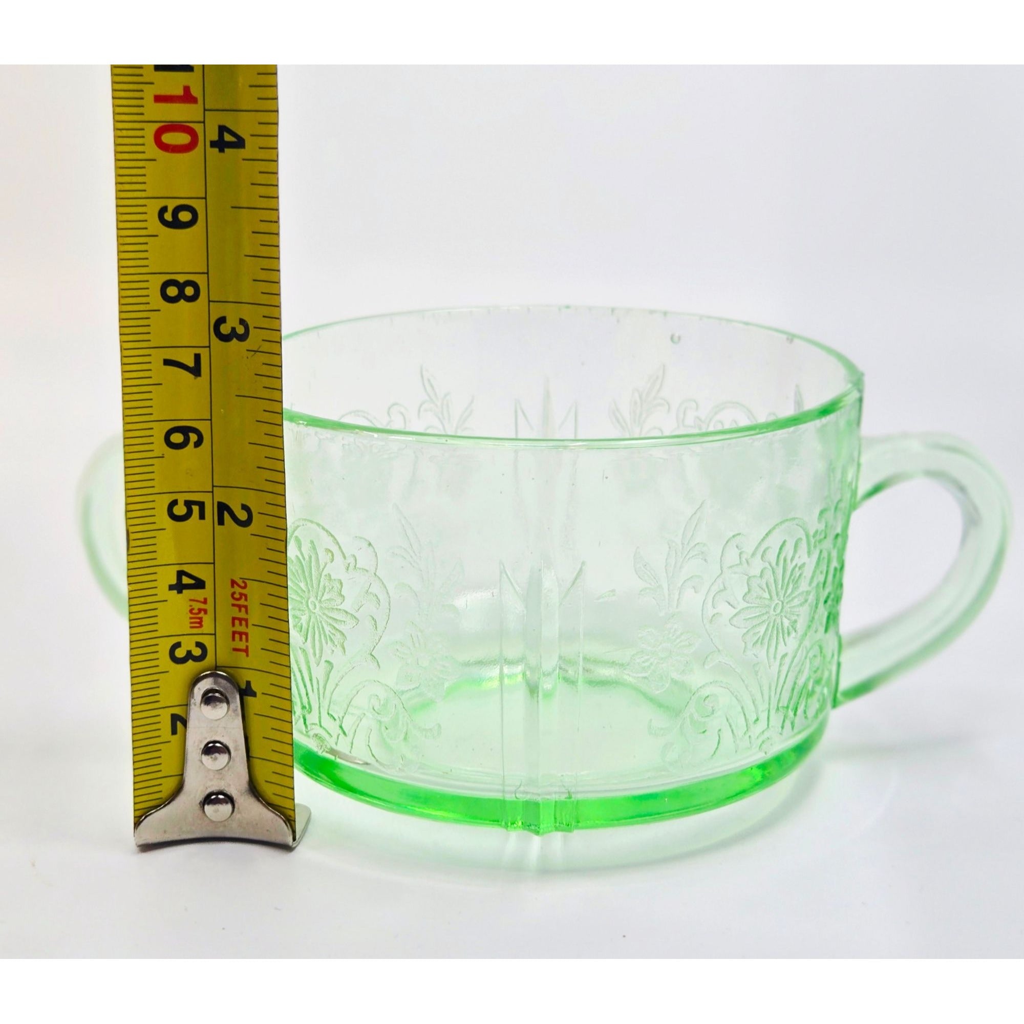 Vintage US Glass Uranium Double Handle Bowl Paneled Aster Pattern Glows