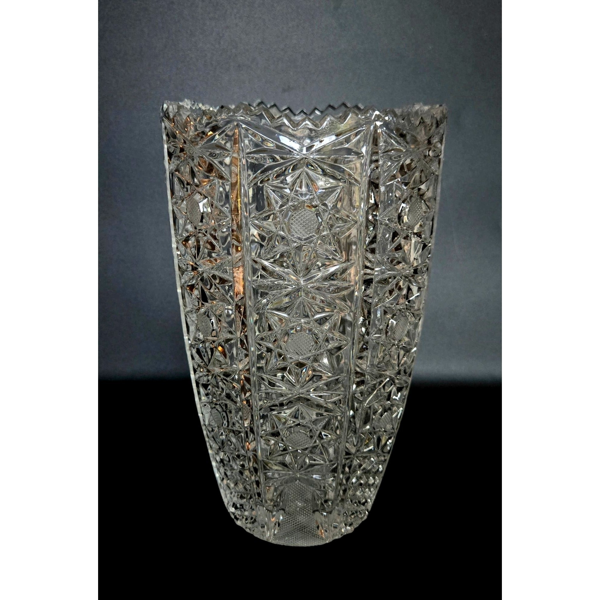 Vintage Queens Lace Bohemian Crystal Cut Glass Vase With Starburst Designs & Scalloped Rim