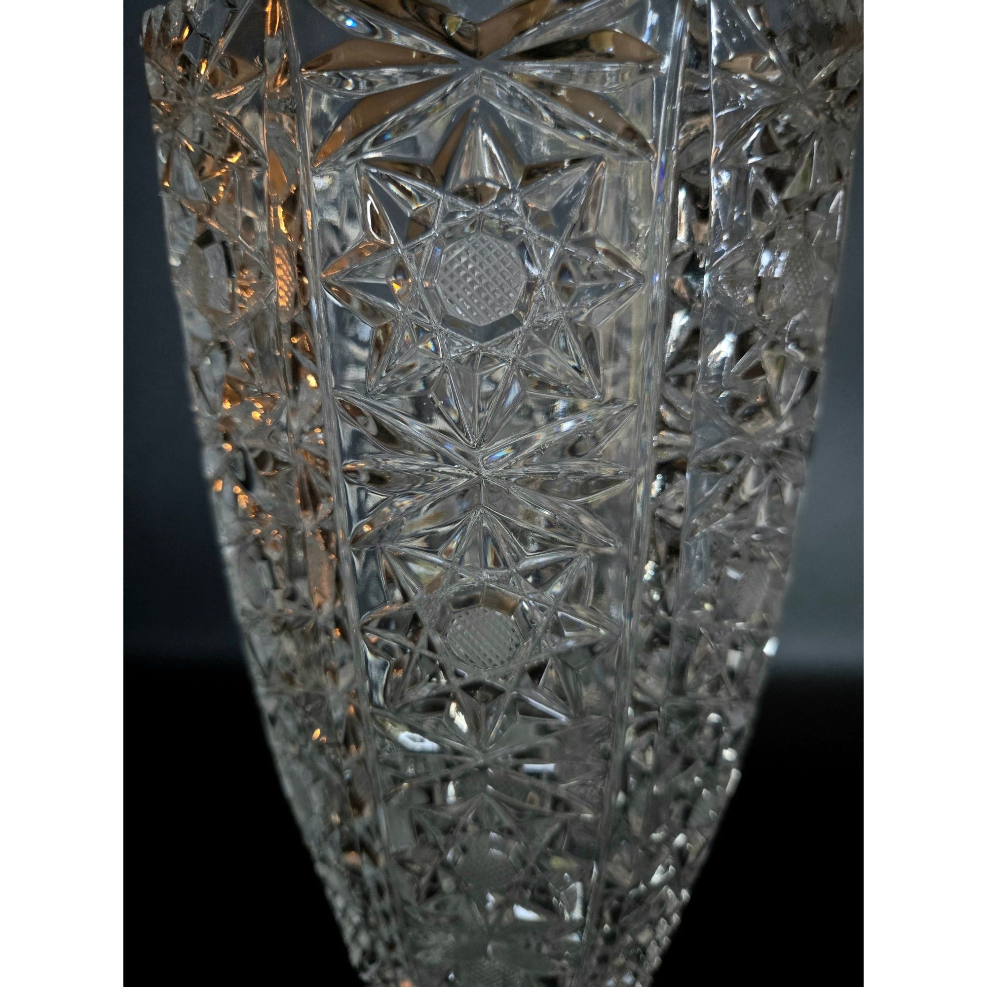 Vintage Queens Lace Bohemian Crystal Cut Glass Vase With Starburst Designs & Scalloped Rim