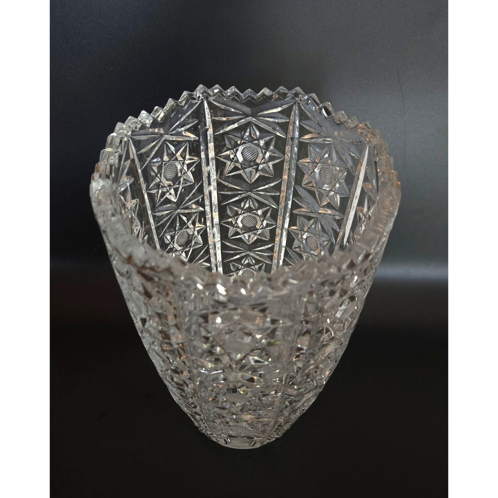 Vintage Queens Lace Bohemian Crystal Cut Glass Vase With Starburst Designs & Scalloped Rim