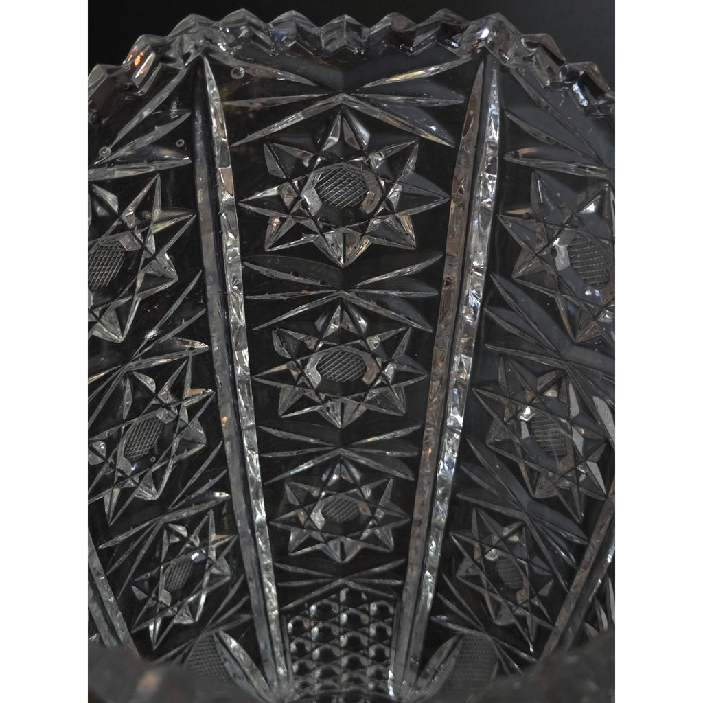 Vintage Queens Lace Bohemian Crystal Cut Glass Vase With Starburst Designs & Scalloped Rim
