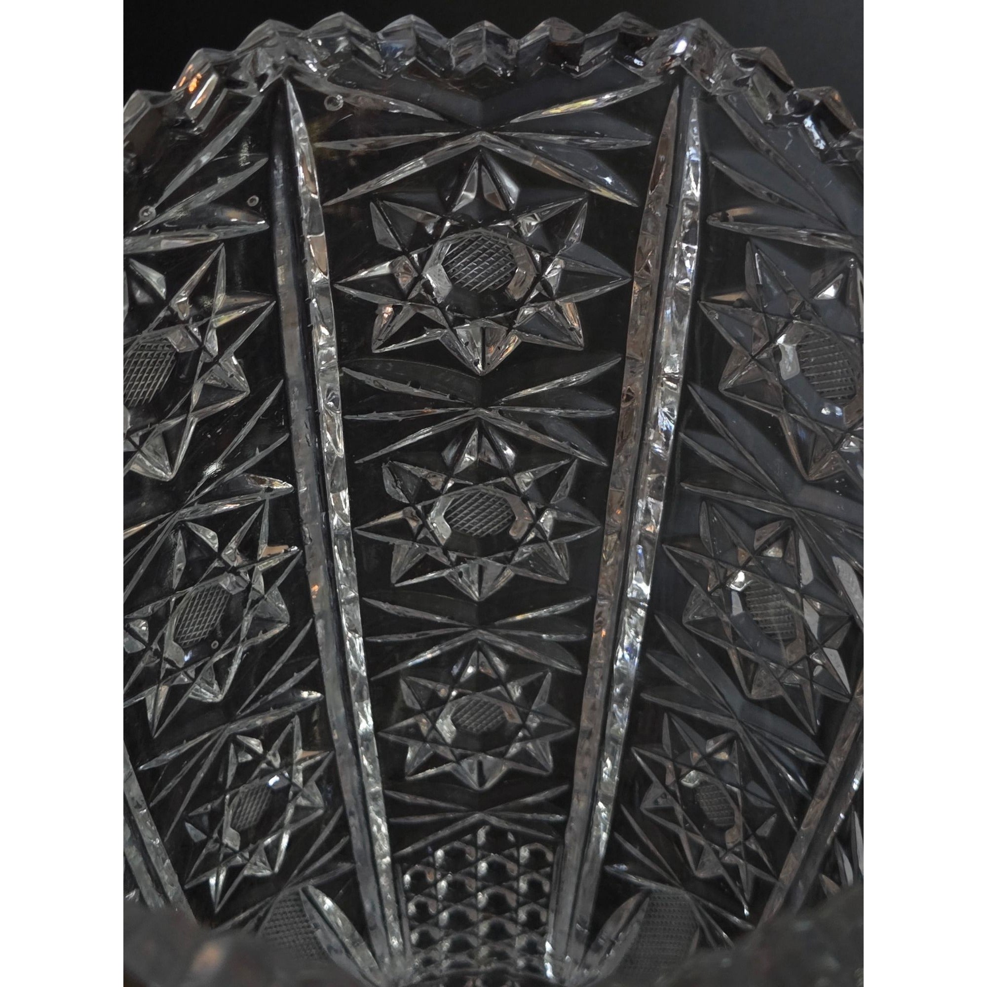 Vintage Queens Lace Bohemian Crystal Cut Glass Vase With Starburst Designs & Scalloped Rim