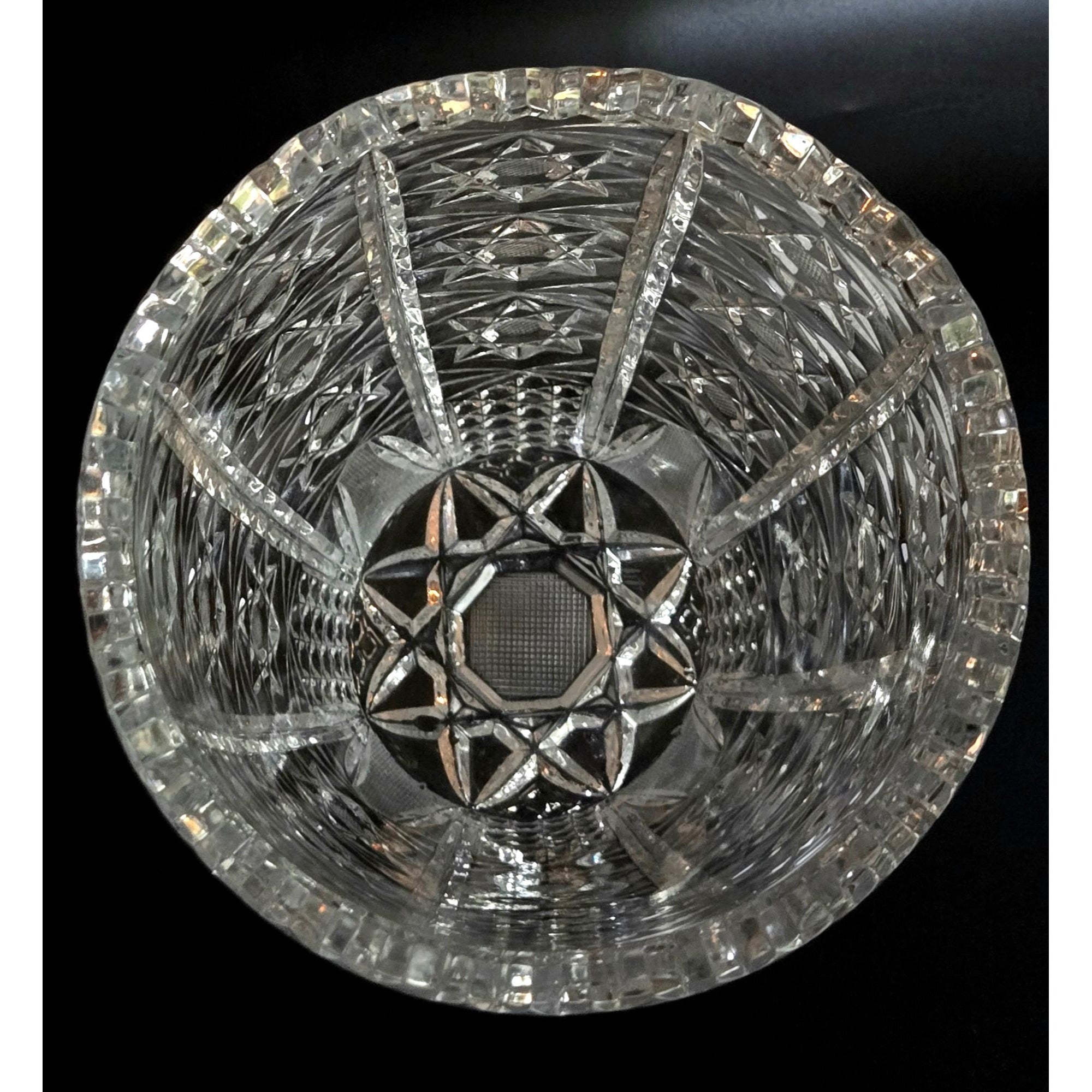 Vintage Queens Lace Bohemian Crystal Cut Glass Vase With Starburst Designs & Scalloped Rim