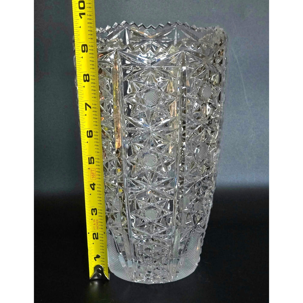 Vintage Queens Lace Bohemian Crystal Cut Glass Vase With Starburst Designs & Scalloped Rim
