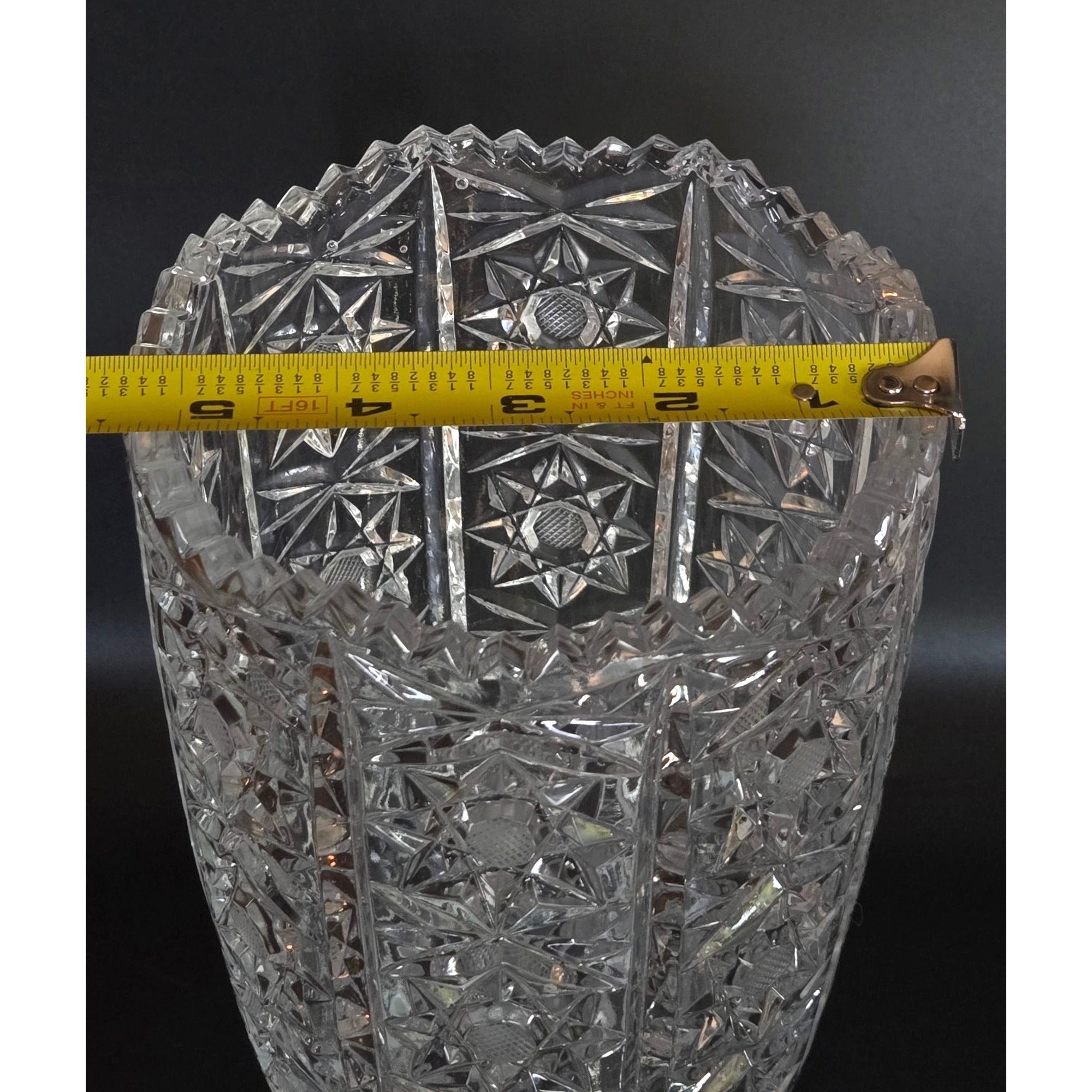 Vintage Queens Lace Bohemian Crystal Cut Glass Vase With Starburst Designs & Scalloped Rim