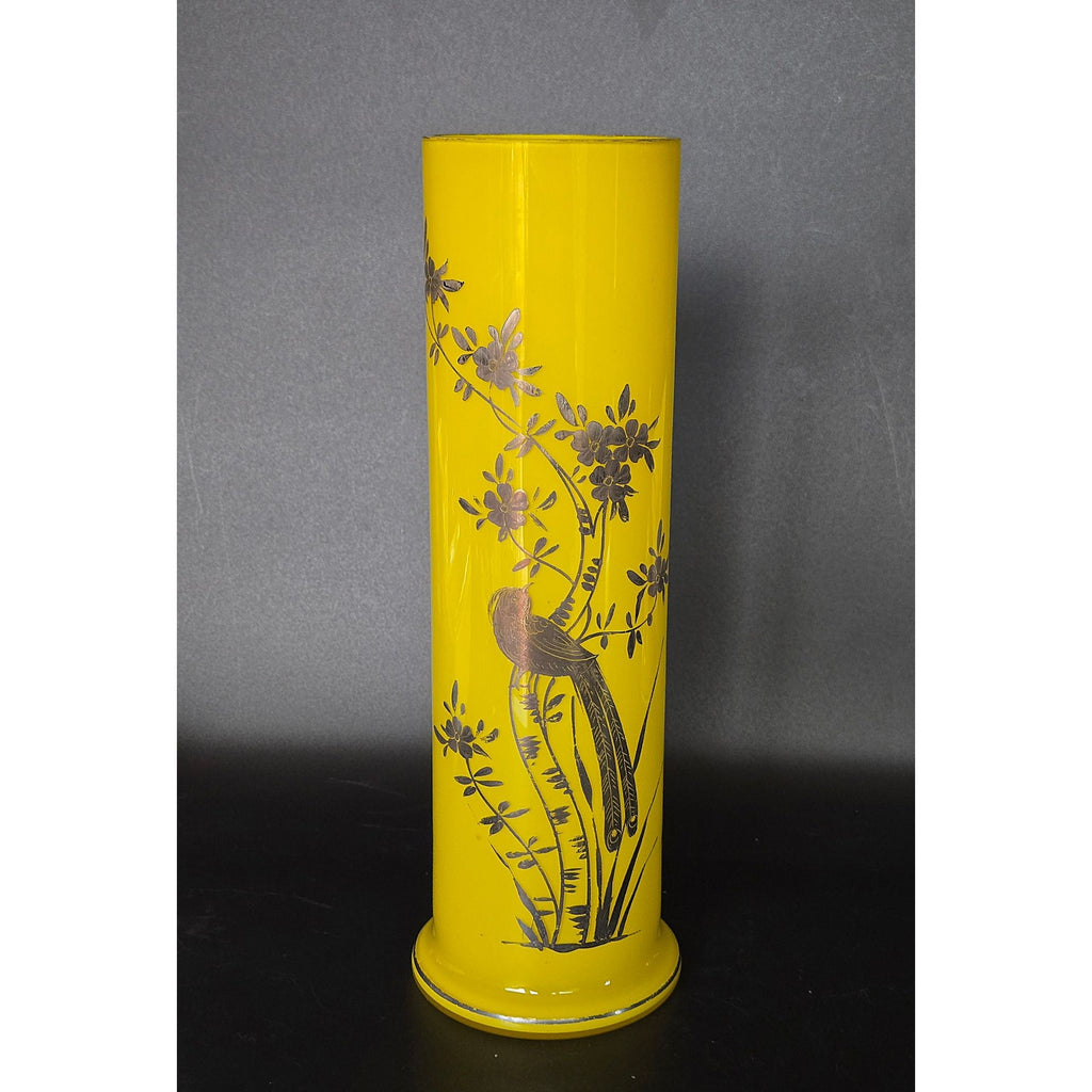 Czech Glass Yellow and Silver bird floral, Tango vase circa 1930s. Great Condition 10 in