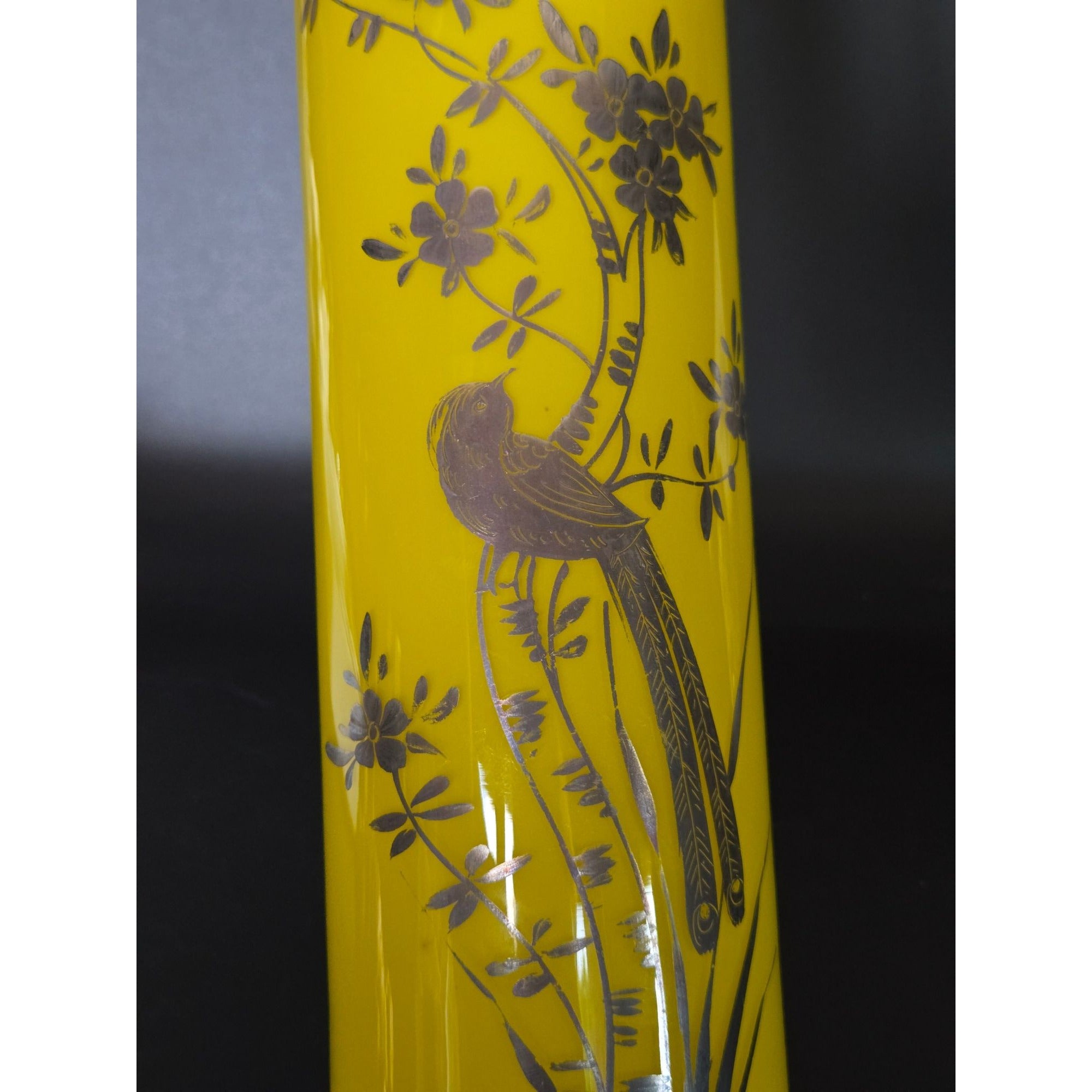 Czech Glass Yellow and Silver bird floral, Tango vase circa 1930s. Great Condition 10 in