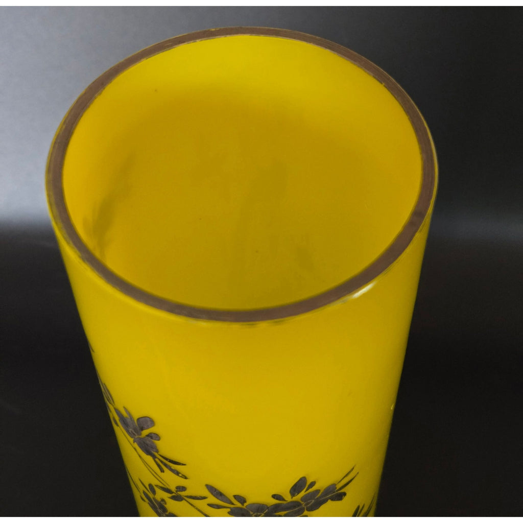 Czech Glass Yellow and Silver bird floral, Tango vase circa 1930s. Great Condition 10 in