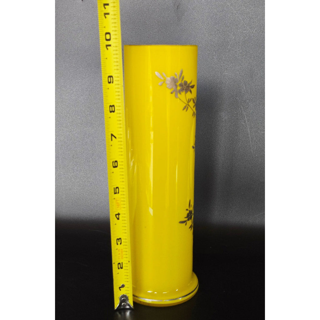 Czech Glass Yellow and Silver bird floral, Tango vase circa 1930s. Great Condition 10 in