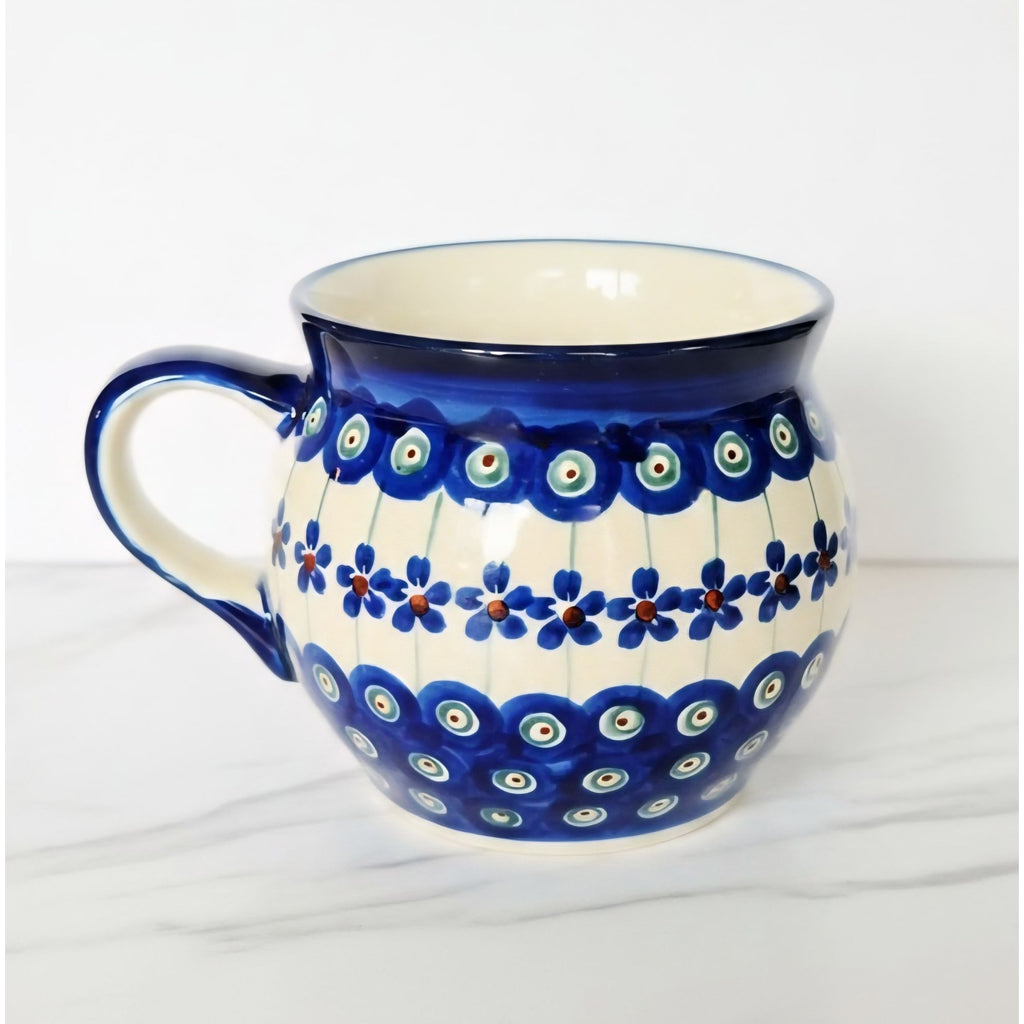 Handmade XL Polish Pottery Mug With Blue Floral & Peacock Eye Pattern 16 Oz.