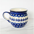 Handmade XL Polish Pottery Mug With Blue Floral & Peacock Eye Pattern 16 Oz.