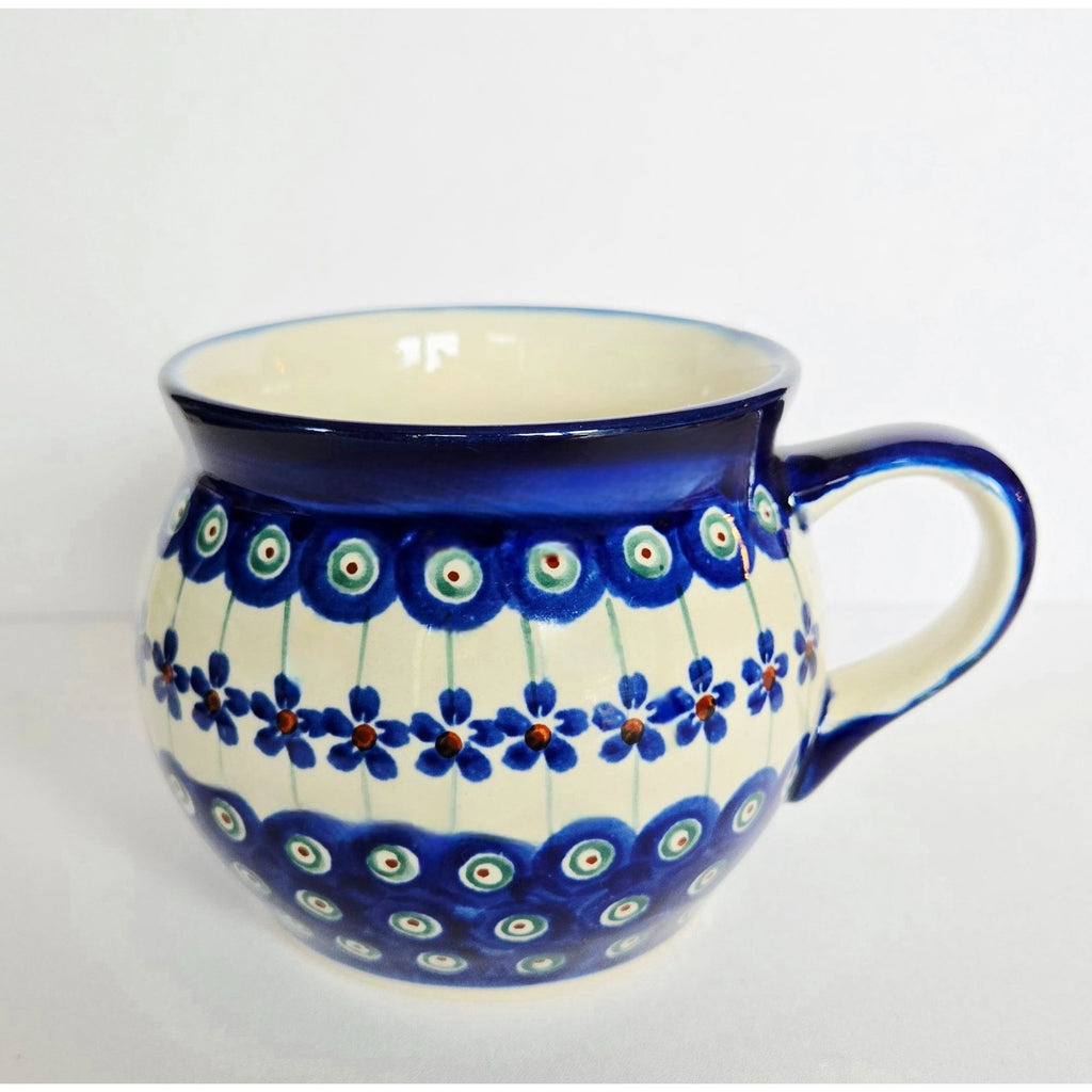 Handmade XL Polish Pottery Mug With Blue Floral & Peacock Eye Pattern 16 Oz.