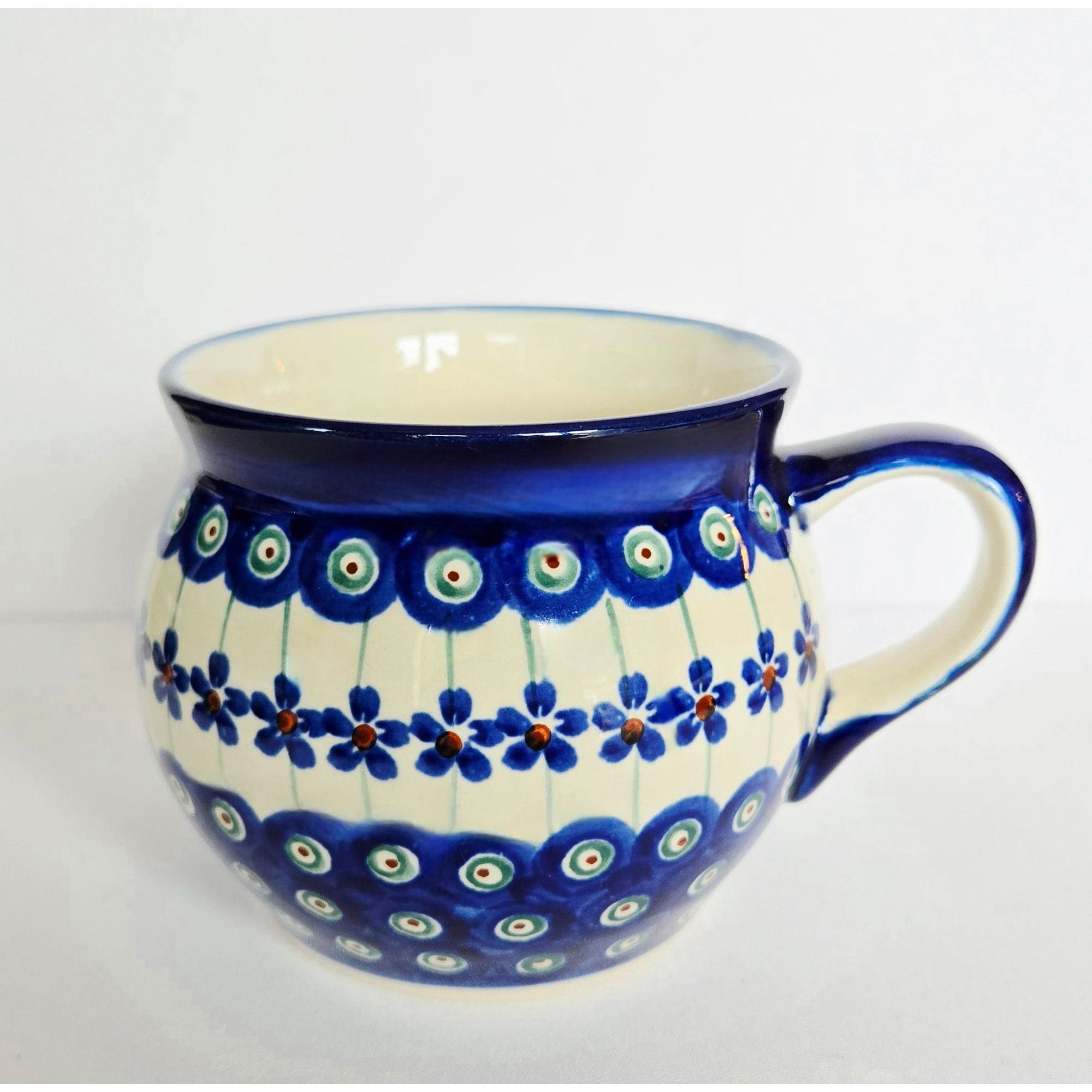 Handmade XL Polish Pottery Mug With Blue Floral & Peacock Eye Pattern 16 Oz.