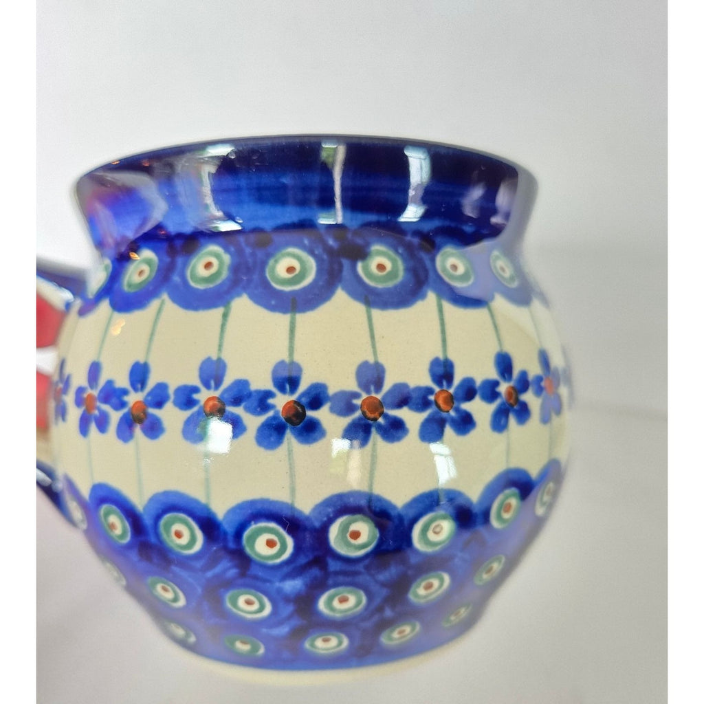 Handmade XL Polish Pottery Mug With Blue Floral & Peacock Eye Pattern 16 Oz.