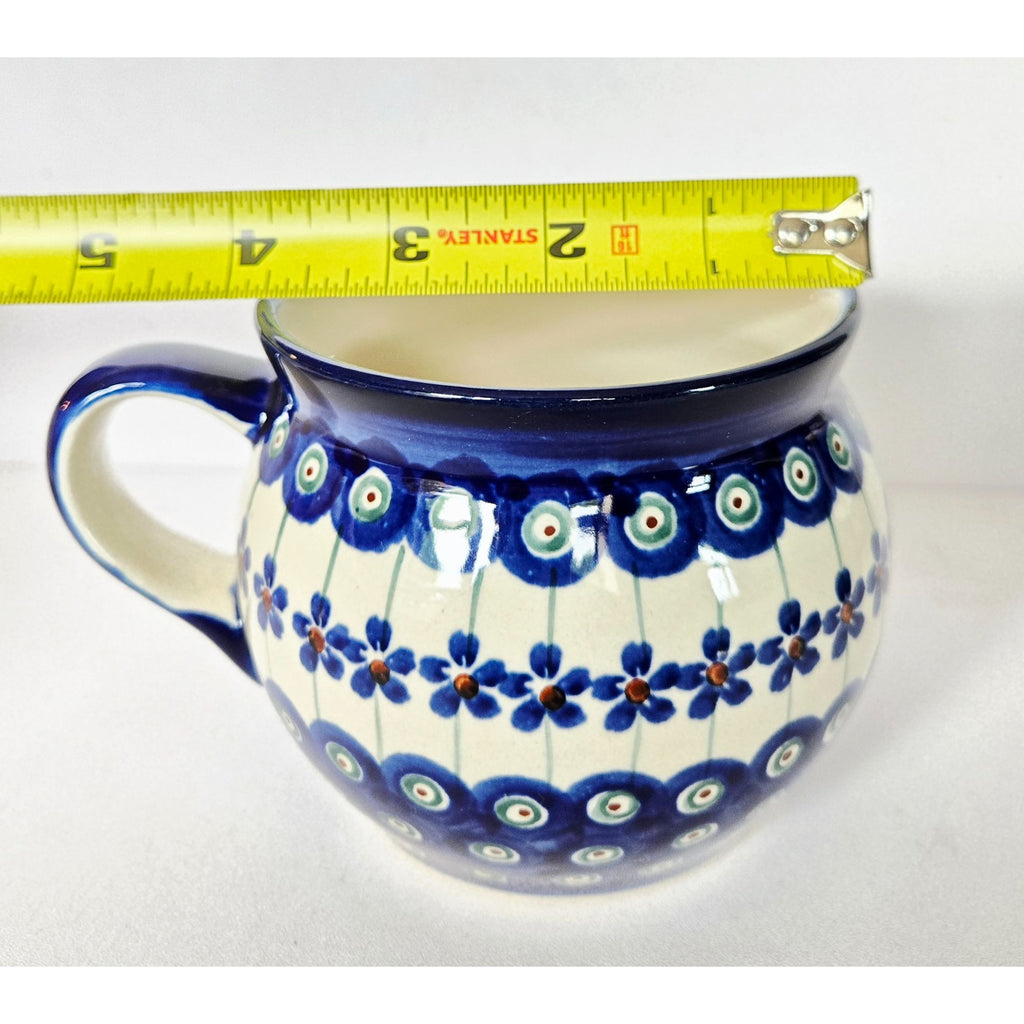 Handmade XL Polish Pottery Mug With Blue Floral & Peacock Eye Pattern 16 Oz.