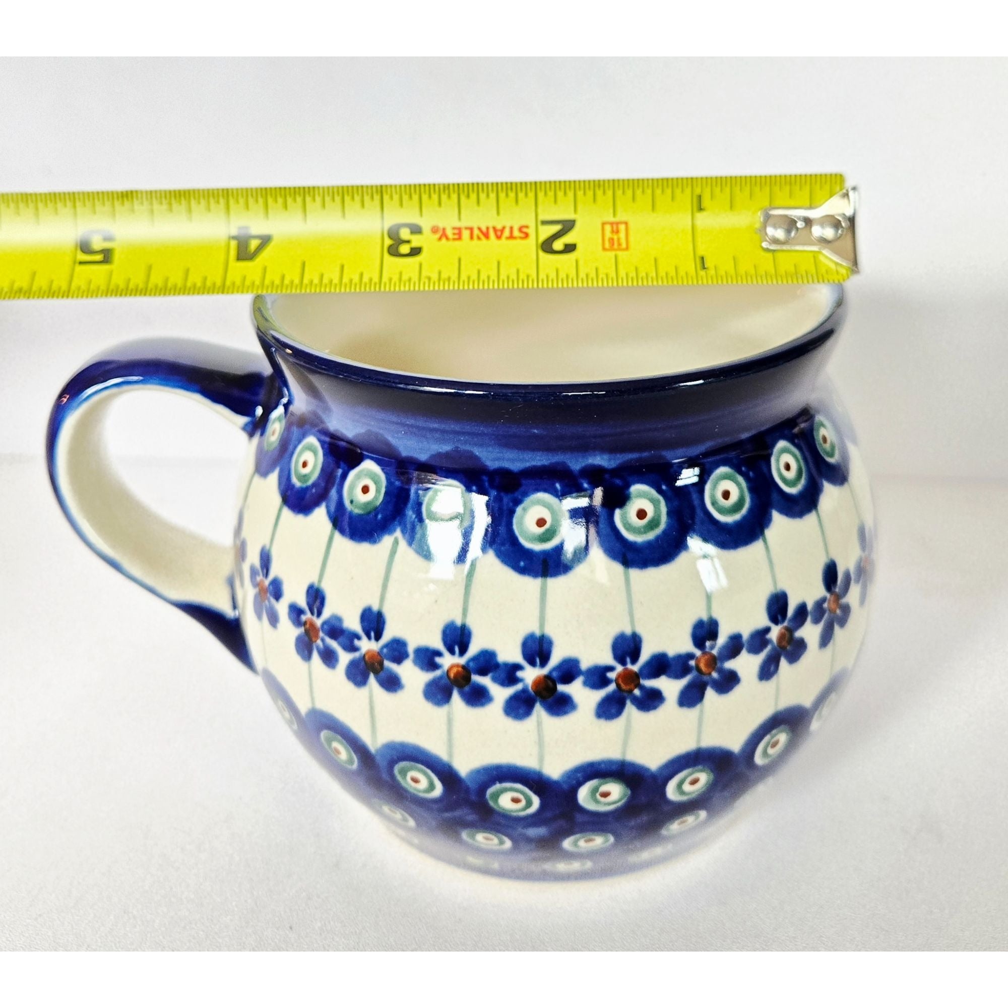 Handmade XL Polish Pottery Mug With Blue Floral & Peacock Eye Pattern 16 Oz.