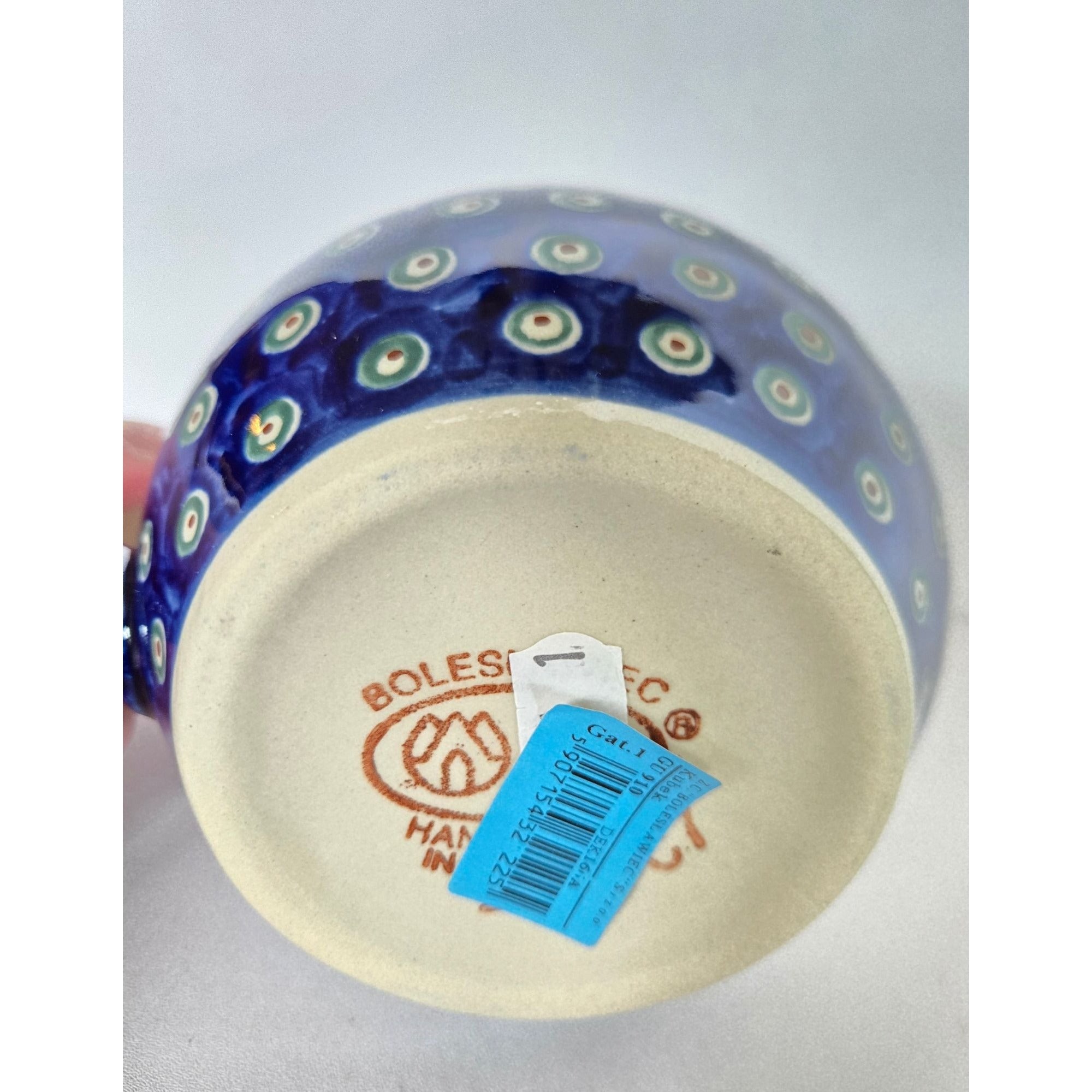 Handmade XL Polish Pottery Mug With Blue Floral & Peacock Eye Pattern 16 Oz.
