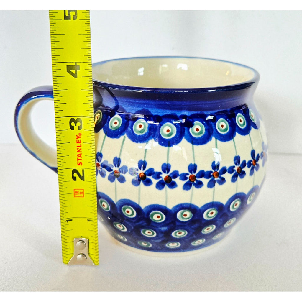 Handmade XL Polish Pottery Mug With Blue Floral & Peacock Eye Pattern 16 Oz.
